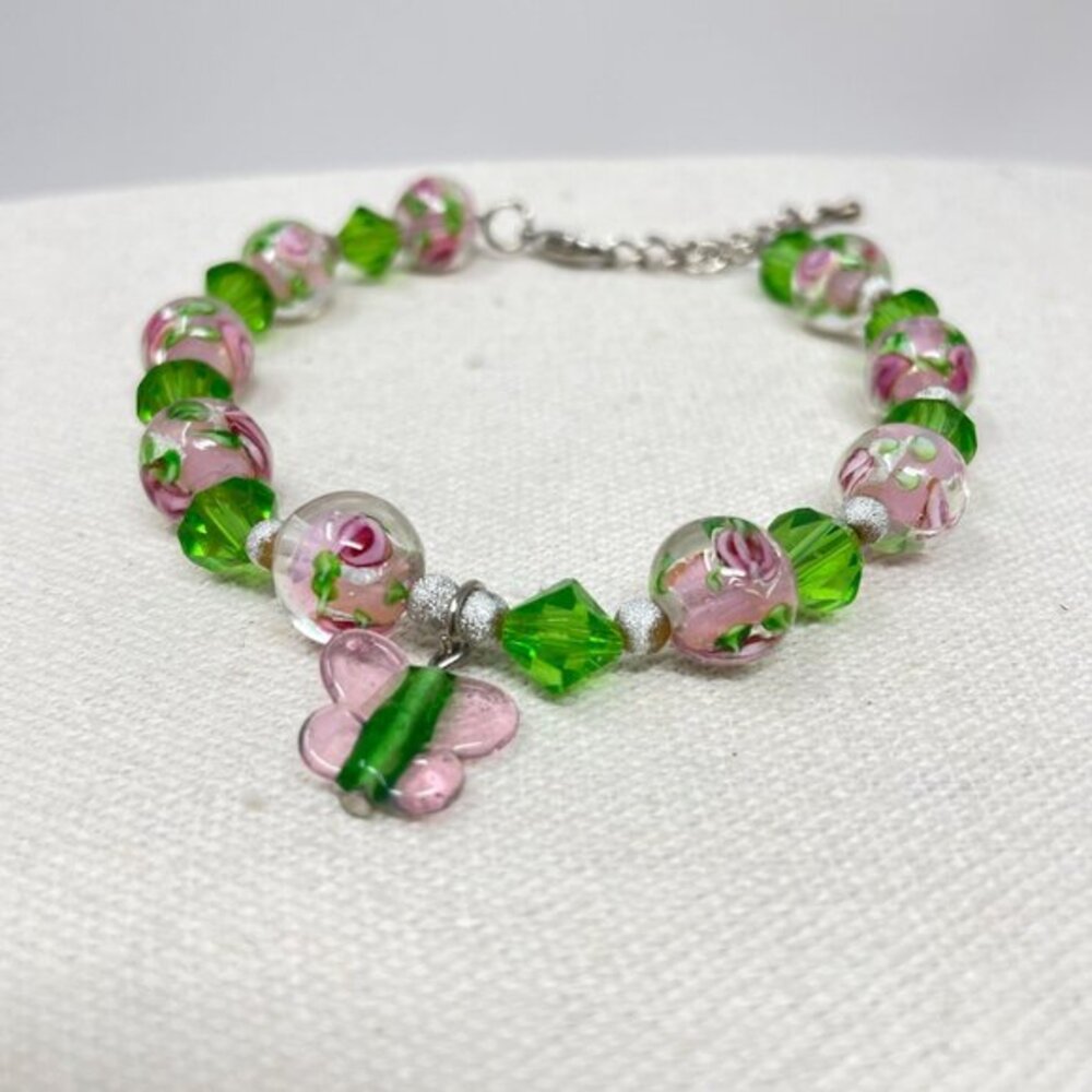 Fairy Garden Bracelet Butterfly Rose‎ Floral Lampwork Glass Beads Feminine  Soft